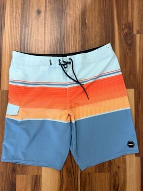O'Neill Blue, Light Blue & Orange Striped Men's Boardshorts